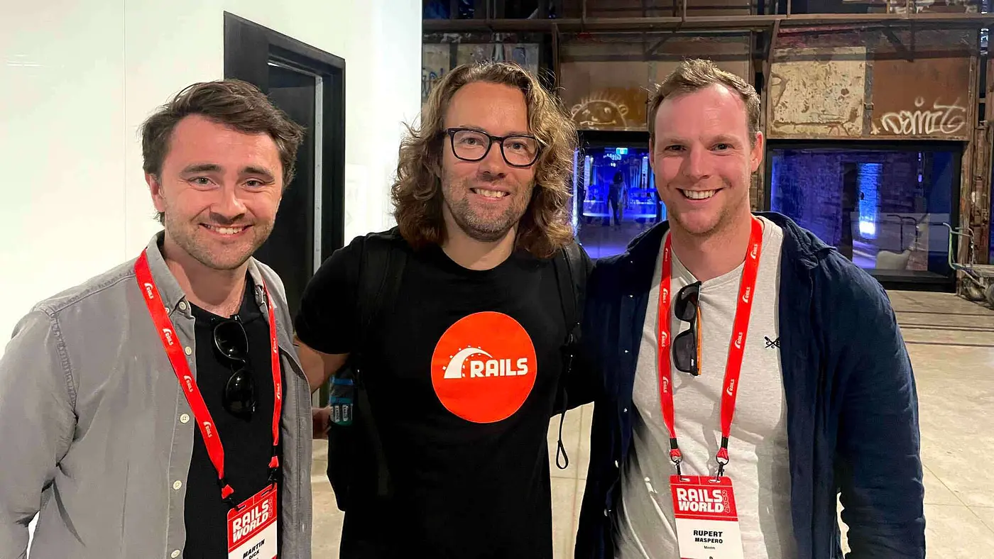Our founders, Martin and Rupert, with David Heinemeier Hansson (creator of Ruby on Rails) at Rails World 2024