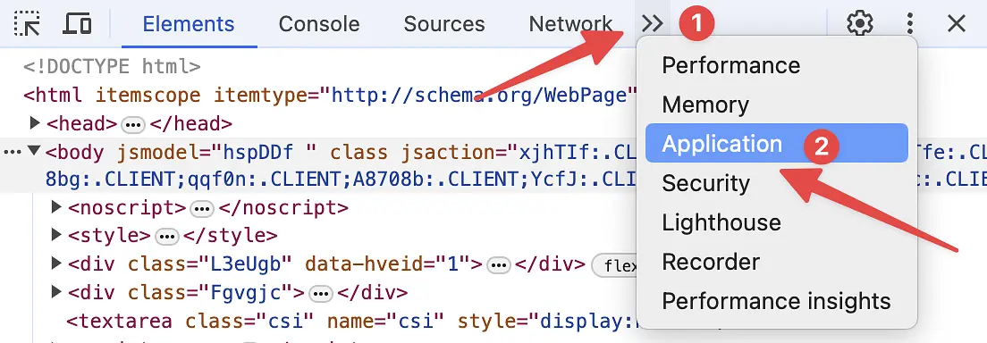 Click on the arrows next to the tabs at the top of the Developer Tools pane, and select Application from the dropdown list