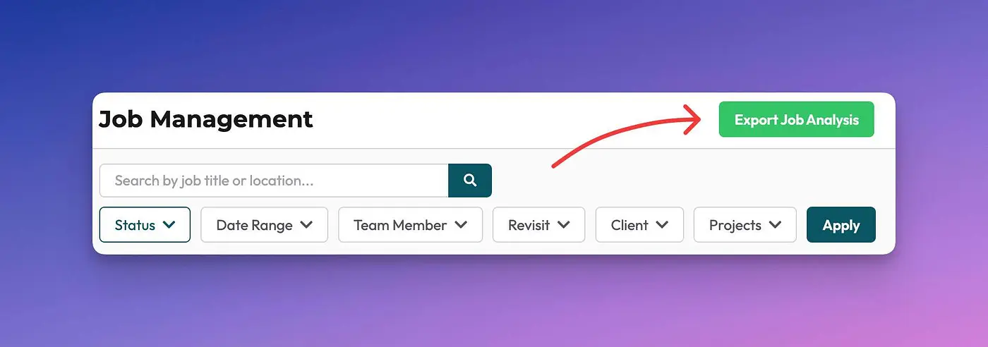 A screenshot from a web app showing a Job Management page with an 'Export Job Analysis' button