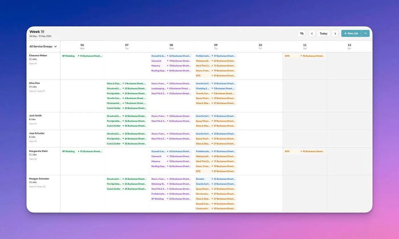 A screenshot from a web app showing a calendar with jobs scheduled for individual team members