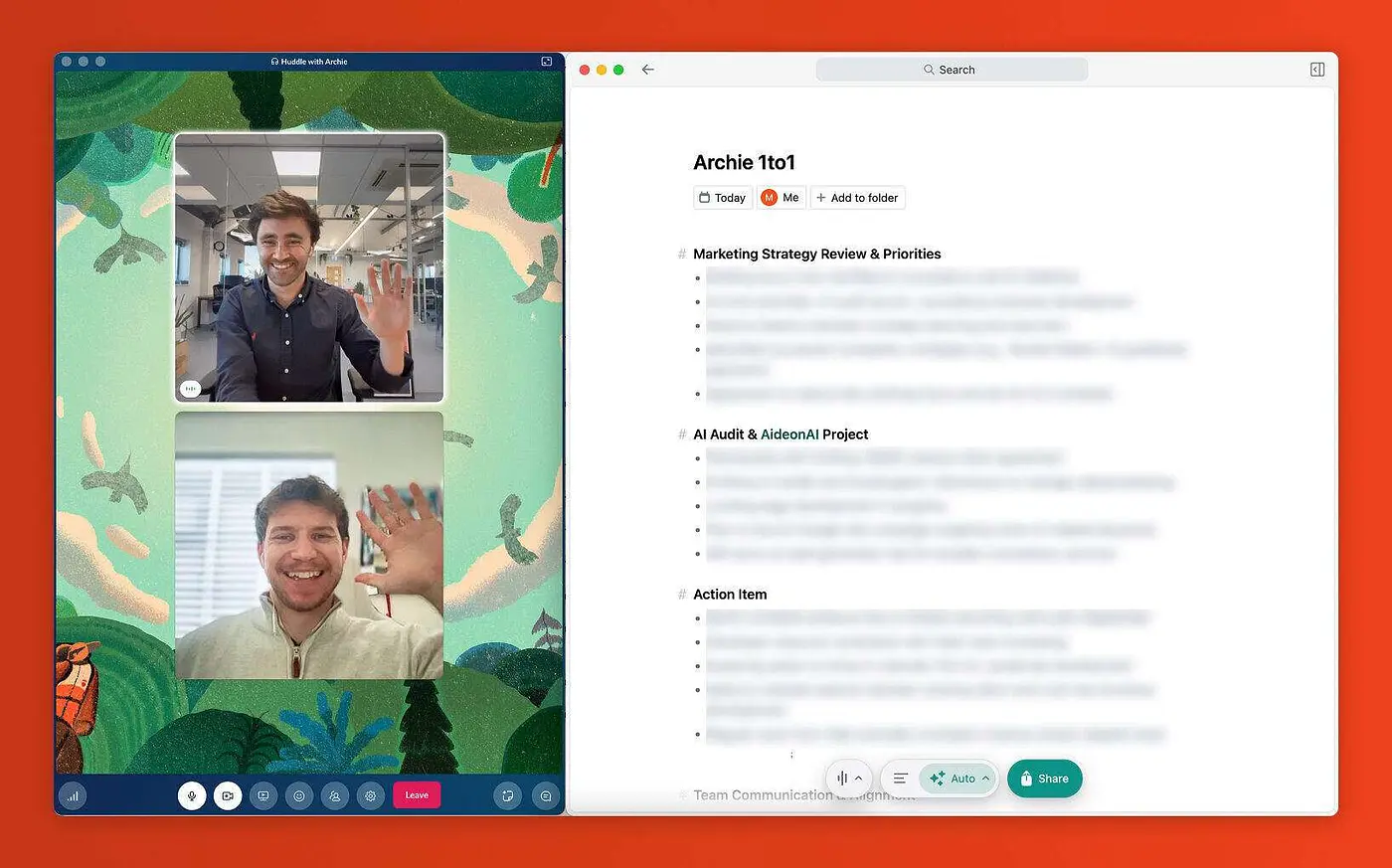 A photo of Martin conducting a 1to1 with Archie using Granola AI